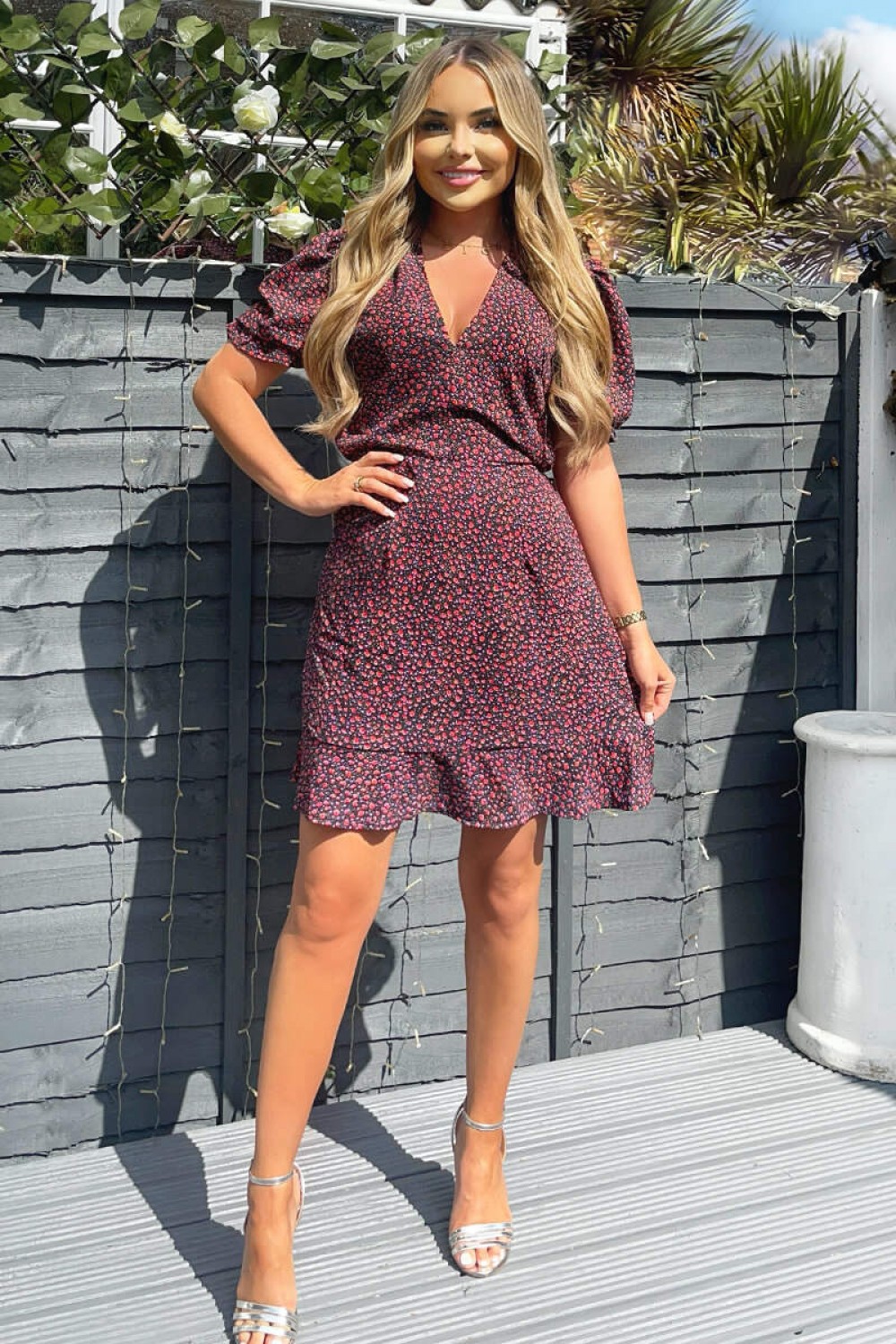 floral skater dress with short sleeves Short Sleeve Plunge Mini Skater Dress In Yellow Ditsy Floral Print | EGO US